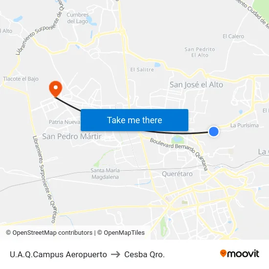 U.A.Q.Campus Aeropuerto to Cesba Qro. map