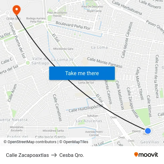 Calle Zacapoaxtlas to Cesba Qro. map