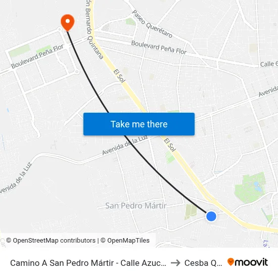Camino A San Pedro Mártir - Calle Azucenas to Cesba Qro. map