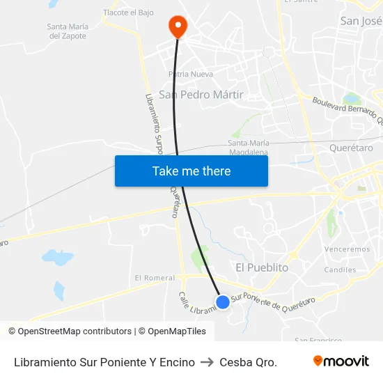 Libramiento Sur Poniente Y Encino to Cesba Qro. map