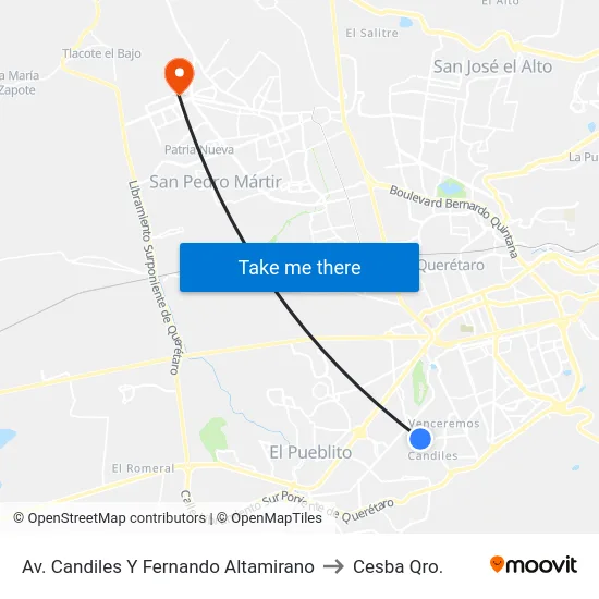 Av. Candiles Y Fernando Altamirano to Cesba Qro. map