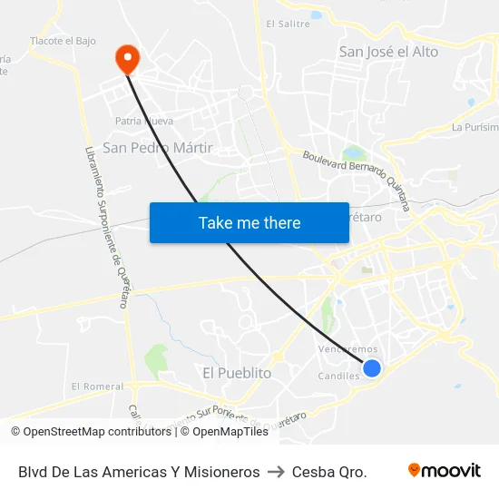 Blvd De Las Americas Y Misioneros to Cesba Qro. map