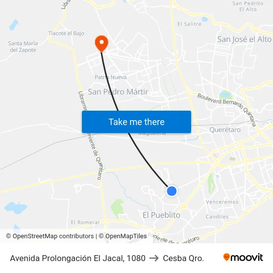 Avenida Prolongación El Jacal, 1080 to Cesba Qro. map