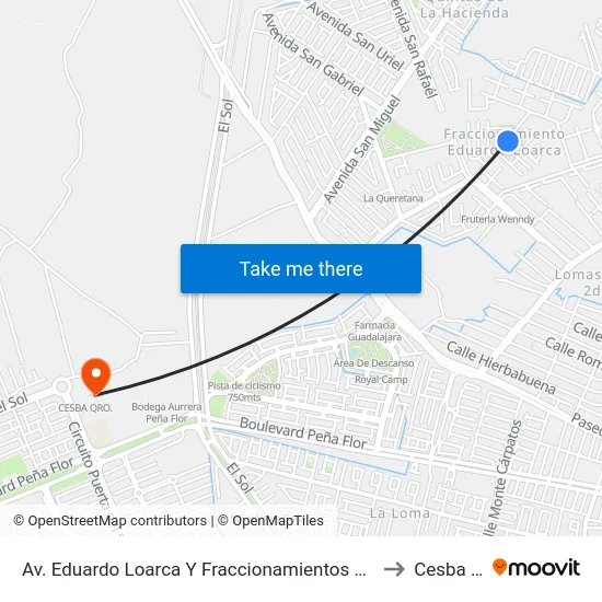 Av. Eduardo Loarca Y Fraccionamientos Eduardo Loarca to Cesba Qro. map
