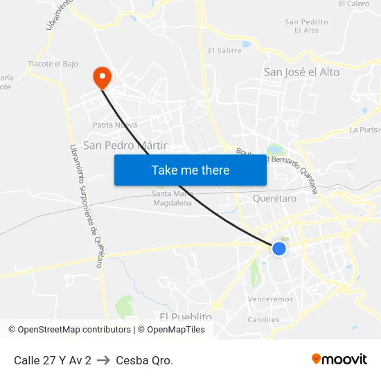 Calle 27 Y Av 2 to Cesba Qro. map