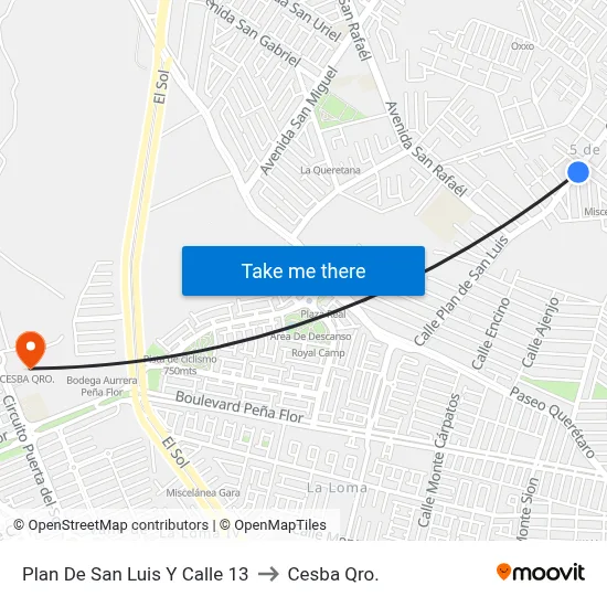 Plan De San Luis Y Calle 13 to Cesba Qro. map
