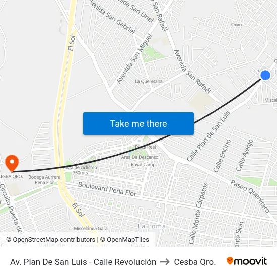Av. Plan De San Luis - Calle Revolución to Cesba Qro. map