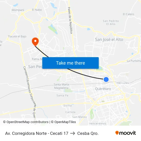 Av. Corregidora Norte - Cecati 17 to Cesba Qro. map
