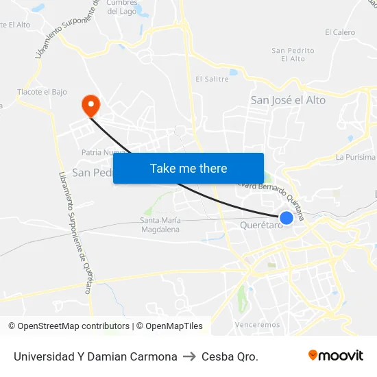 Universidad Y Damian Carmona to Cesba Qro. map