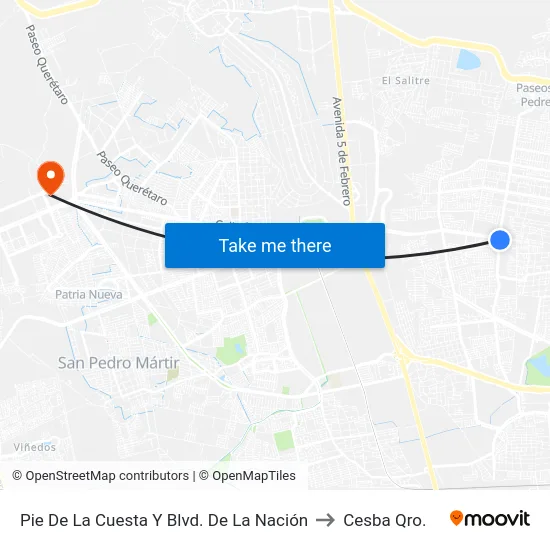 Pie De La Cuesta Y Blvd. De La Nación to Cesba Qro. map