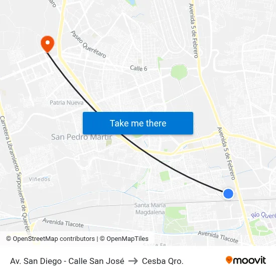 Av. San Diego - Calle San José to Cesba Qro. map