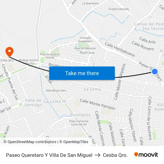 Paseo Queretaro Y Villa De San Miguel to Cesba Qro. map
