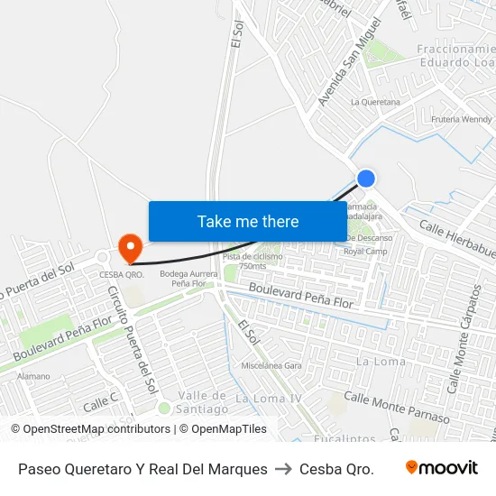 Paseo Queretaro Y Real Del Marques to Cesba Qro. map