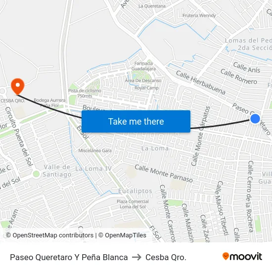 Paseo Queretaro Y Peña Blanca to Cesba Qro. map
