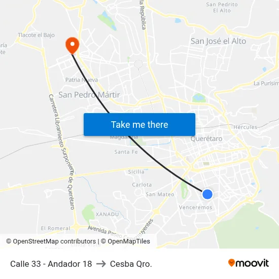 Calle 33 - Andador 18 to Cesba Qro. map