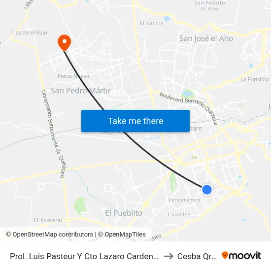 Prol. Luis Pasteur Y Cto Lazaro Cardenas to Cesba Qro. map