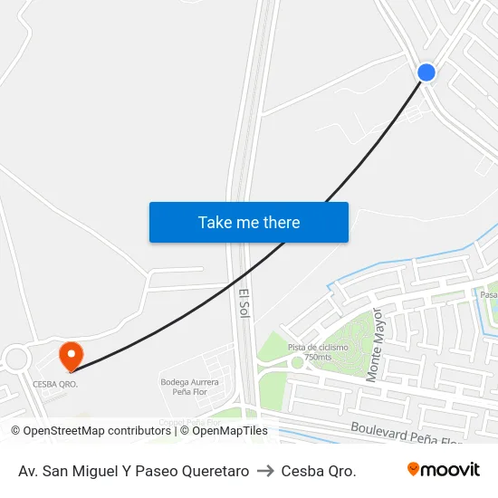 Av. San Miguel Y Paseo Queretaro to Cesba Qro. map
