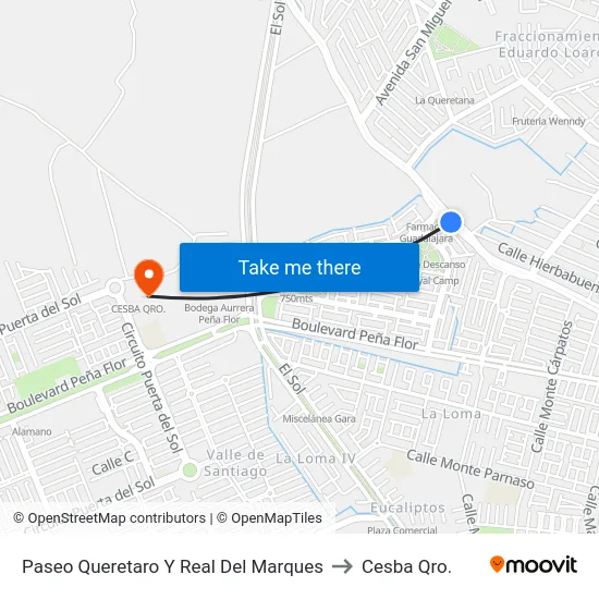 Paseo Queretaro Y Real Del Marques to Cesba Qro. map
