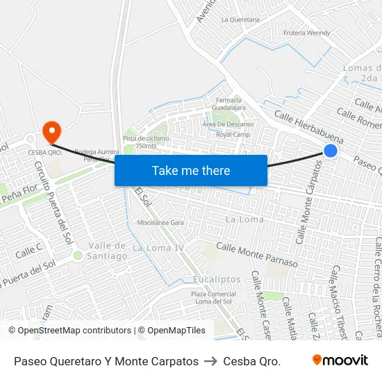 Paseo Queretaro Y Monte Carpatos to Cesba Qro. map