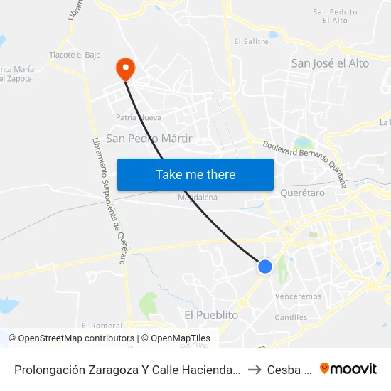 Prolongación Zaragoza Y Calle Hacienda Montenegro to Cesba Qro. map