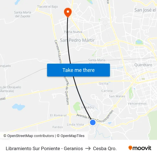 Libramiento Sur Poniente - Geranios to Cesba Qro. map