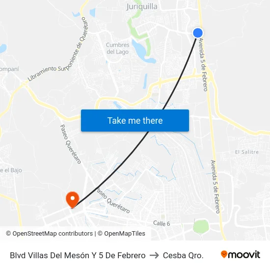 Blvd Villas Del Mesón Y 5 De Febrero to Cesba Qro. map