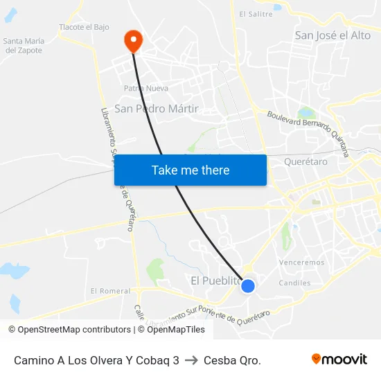 Camino A Los Olvera Y Cobaq 3 to Cesba Qro. map