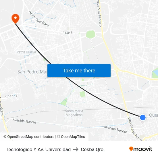 Tecnológico Y Av. Universidad to Cesba Qro. map