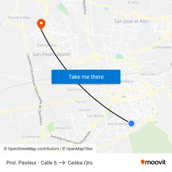 Prol. Pasteur - Calle 6 to Cesba Qro. map