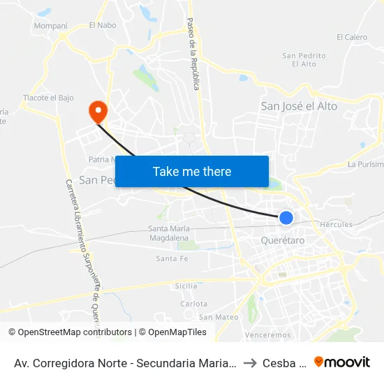Av. Corregidora Norte - Secundaria Mariano Escobedo to Cesba Qro. map