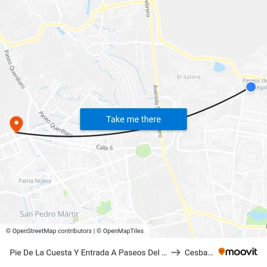 Pie De La Cuesta Y Entrada A Paseos Del Pedregal Oriente to Cesba Qro. map