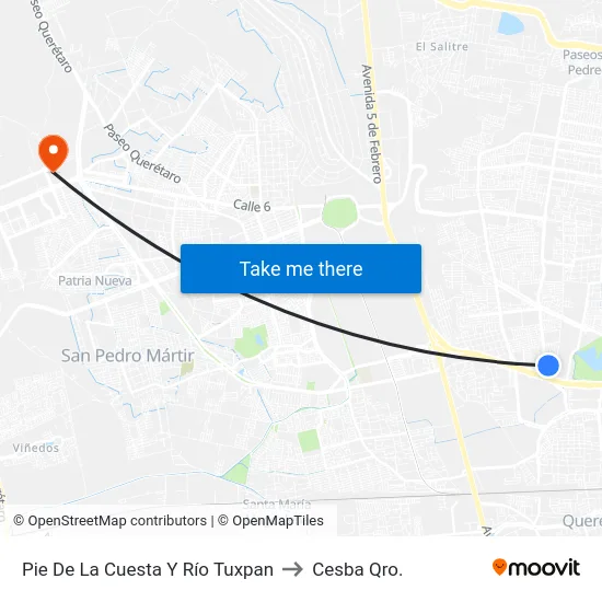 Pie De La Cuesta Y Río Tuxpan to Cesba Qro. map