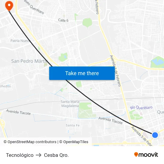 Tecnológico to Cesba Qro. map