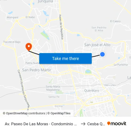 Av. Paseo De Las Moras - Condominio Pizarra to Cesba Qro. map