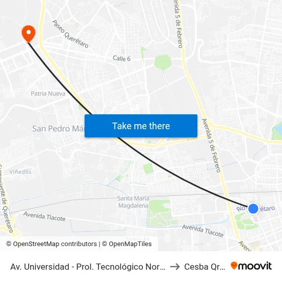 Av. Universidad - Prol. Tecnológico Norte to Cesba Qro. map