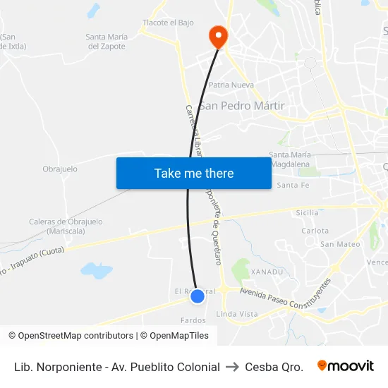 Lib. Norponiente - Av. Pueblito Colonial to Cesba Qro. map