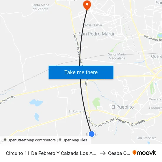 Circuito 11 De Febrero Y Calzada Los Angeles to Cesba Qro. map