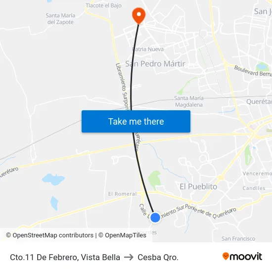 Cto.11 De Febrero, Vista Bella to Cesba Qro. map