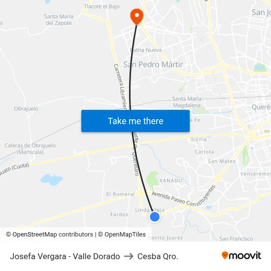 Josefa Vergara - Valle Dorado to Cesba Qro. map