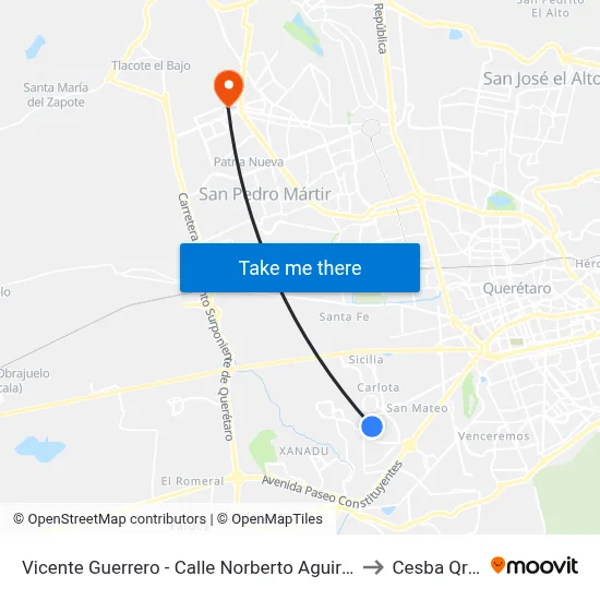 Vicente Guerrero - Calle Norberto Aguirre to Cesba Qro. map