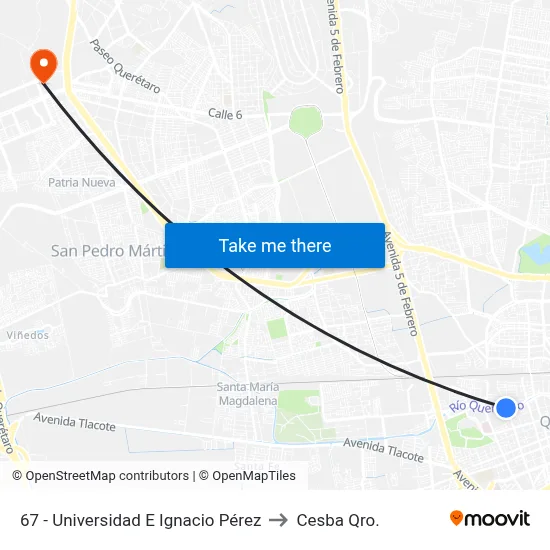 67 - Universidad E Ignacio Pérez to Cesba Qro. map