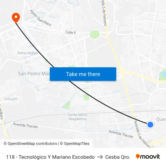 118 - Tecnológico Y Mariano Escobedo to Cesba Qro. map