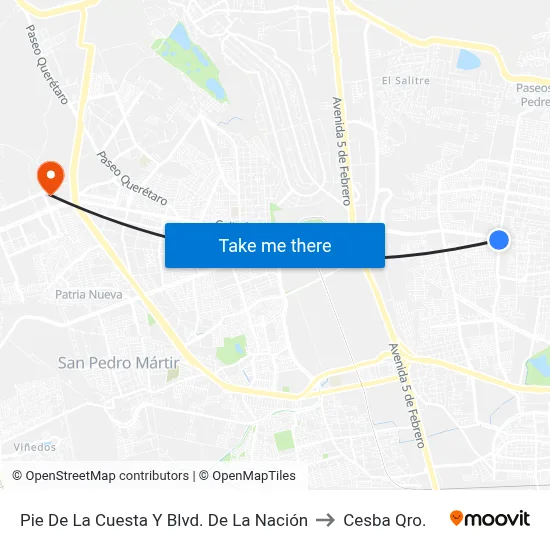 Pie De La Cuesta Y Blvd. De La Nación to Cesba Qro. map