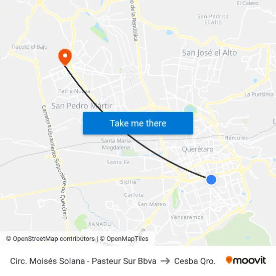 Circ. Moisés Solana - Pasteur Sur Bbva to Cesba Qro. map