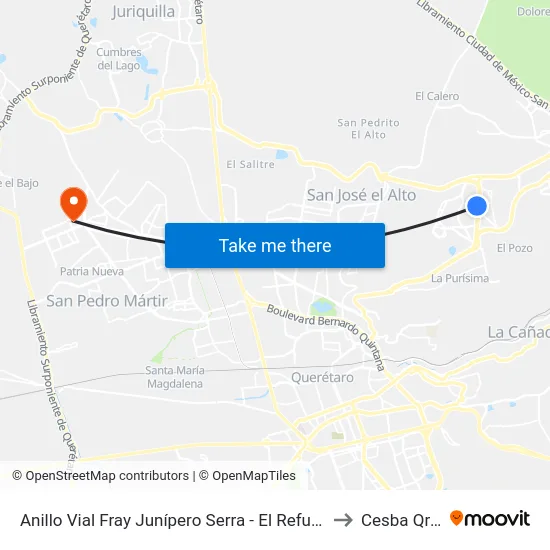 Anillo Vial Fray Junípero Serra - El Refugio to Cesba Qro. map