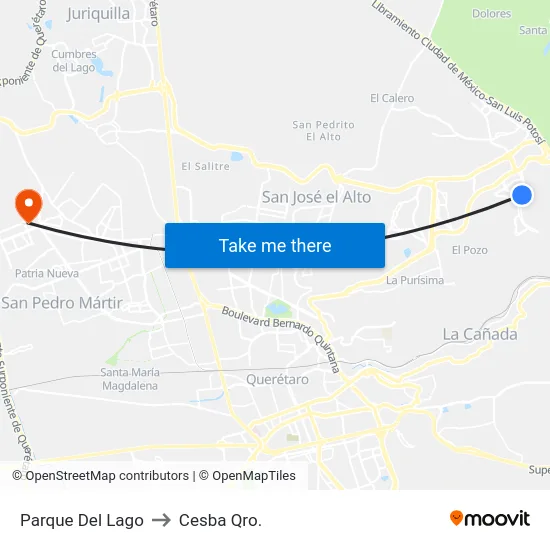 Parque Del Lago to Cesba Qro. map