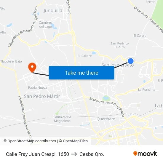 Calle Fray Juan Crespi, 1650 to Cesba Qro. map