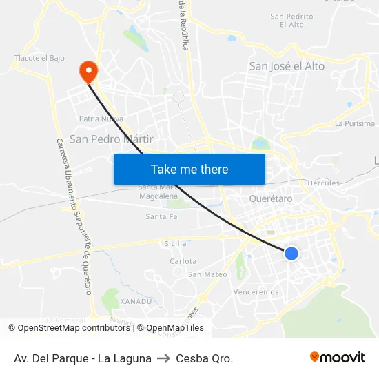 Av. Del Parque - La Laguna to Cesba Qro. map
