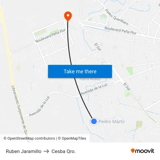 Ruben Jaramillo to Cesba Qro. map