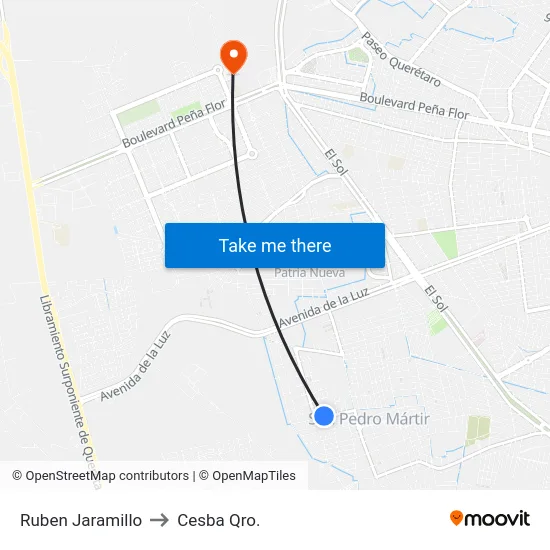 Ruben Jaramillo to Cesba Qro. map